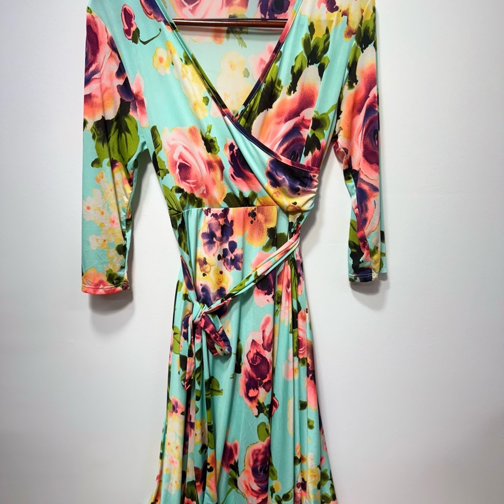 Pinkblush Green and Pink Midi Wrap Dress Tie Front V-Neck